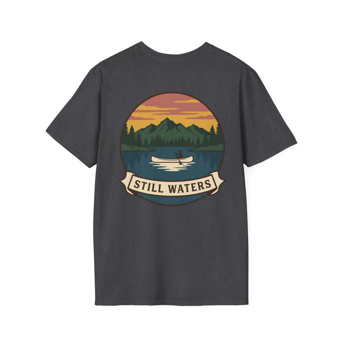 Dark heather canoe lake scene T-shirt with “STILL WATERS” canoe badge graphic