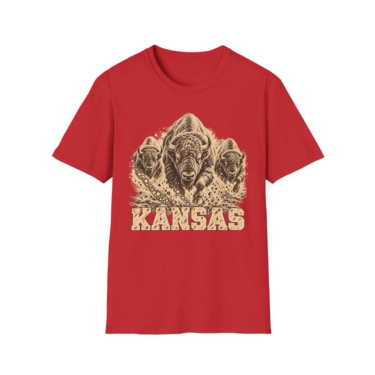 Red Kansas bison graphic T-shirt with front “KANSAS” text