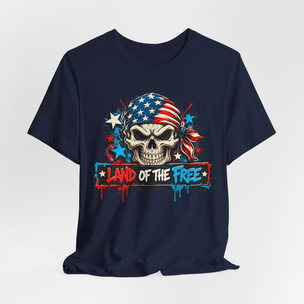 Navy Land of the Free skull graphic T-shirt with American flag stars