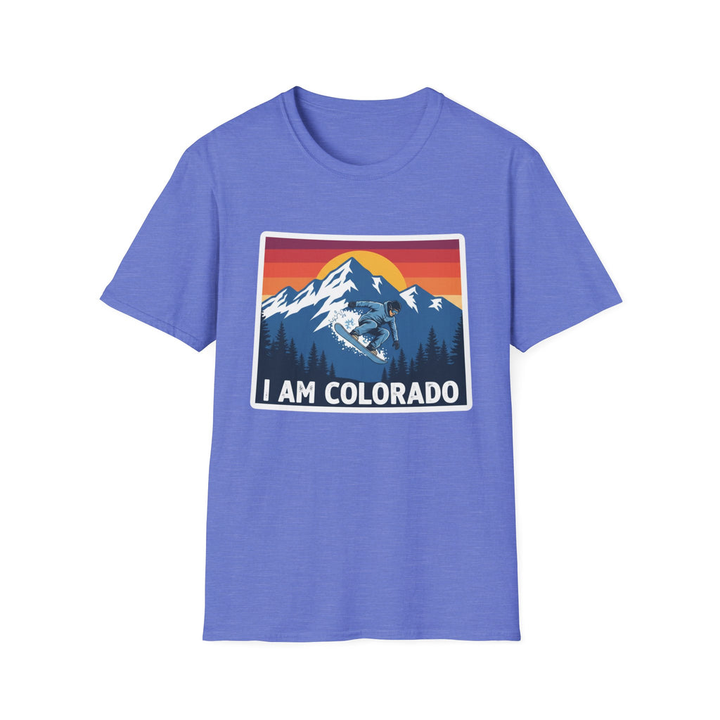 Royal blue T-shirt with “I AM COLORADO” mountain sunset graphic featuring a wolf and bear