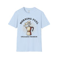 Morning Fuel T-shirt—light blue with skull moka pot graphic and “UNLEADED PREMIUM”