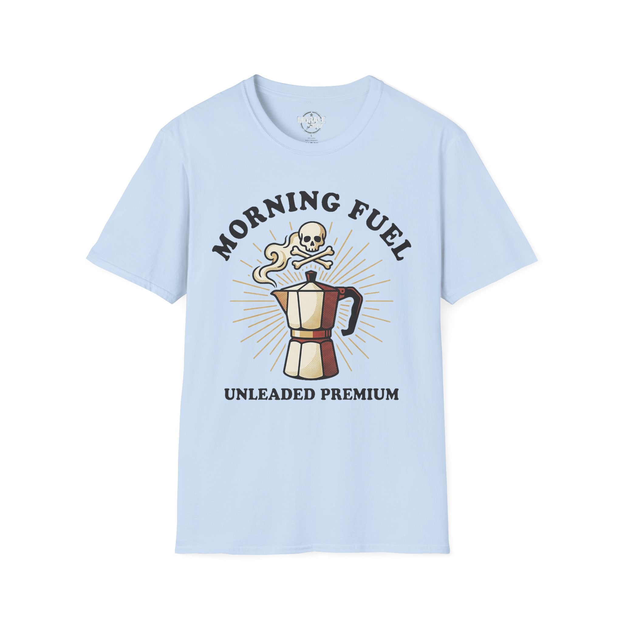 Morning Fuel T-shirt—light blue with skull moka pot graphic and “UNLEADED PREMIUM”