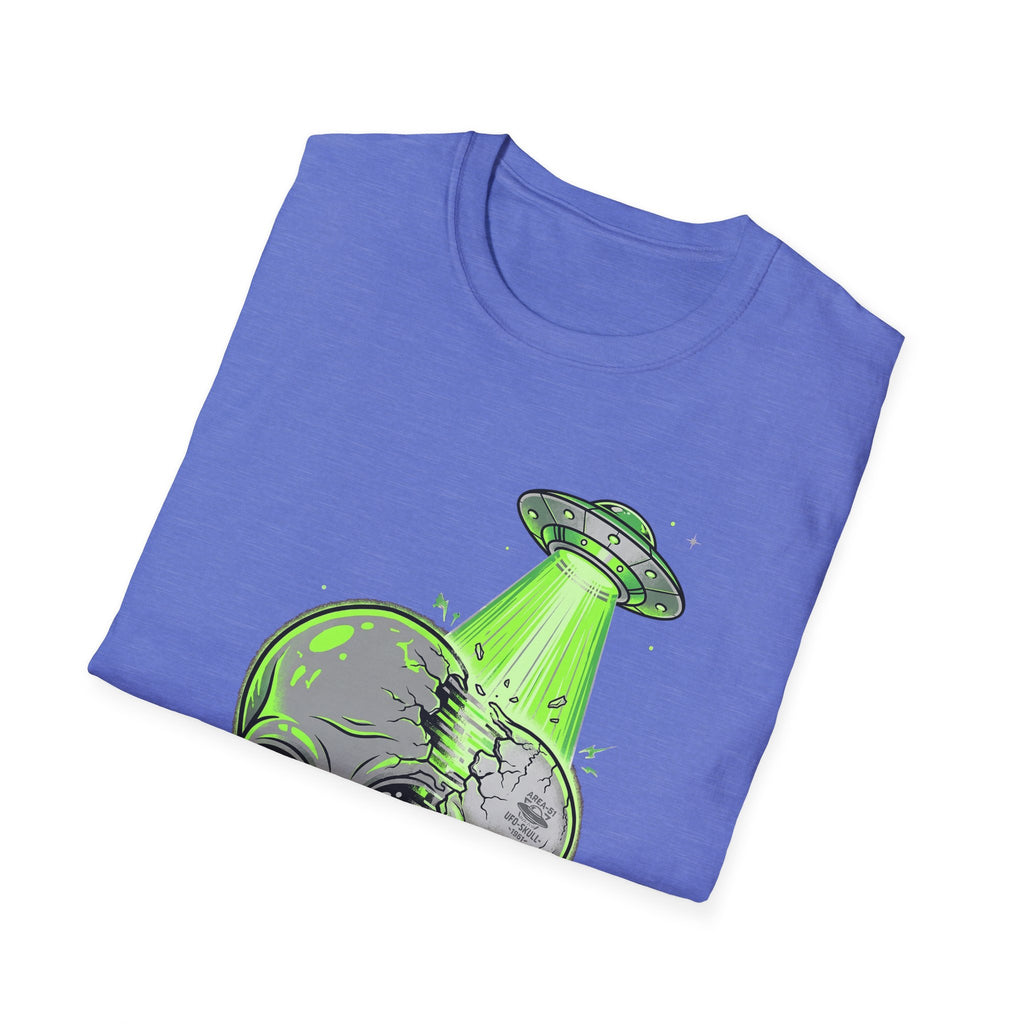 Light purple T-shirt with green UFO tractor beam and alien skull graphic