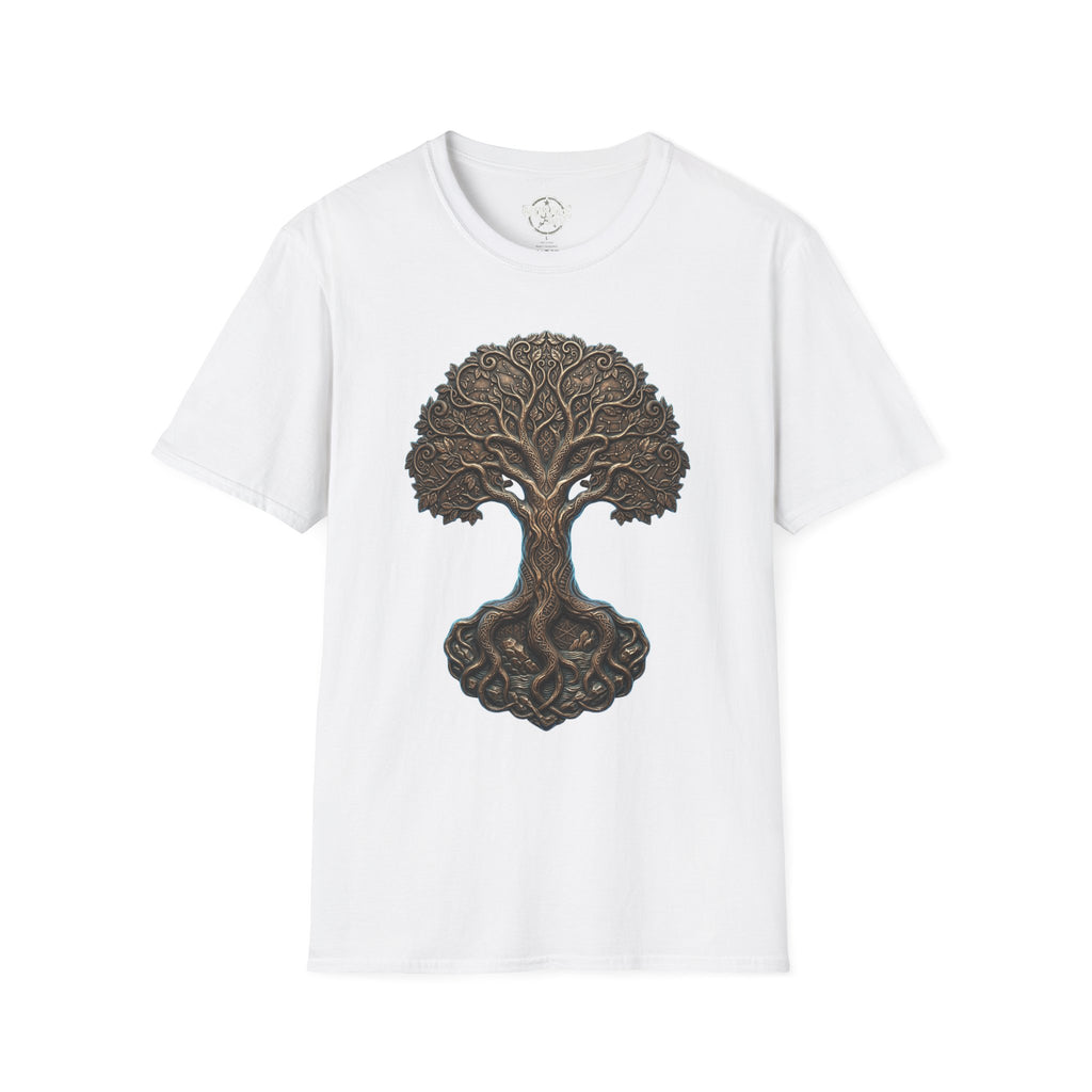 White T-shirt with Celtic Tree of Life knotwork oak graphic on front
