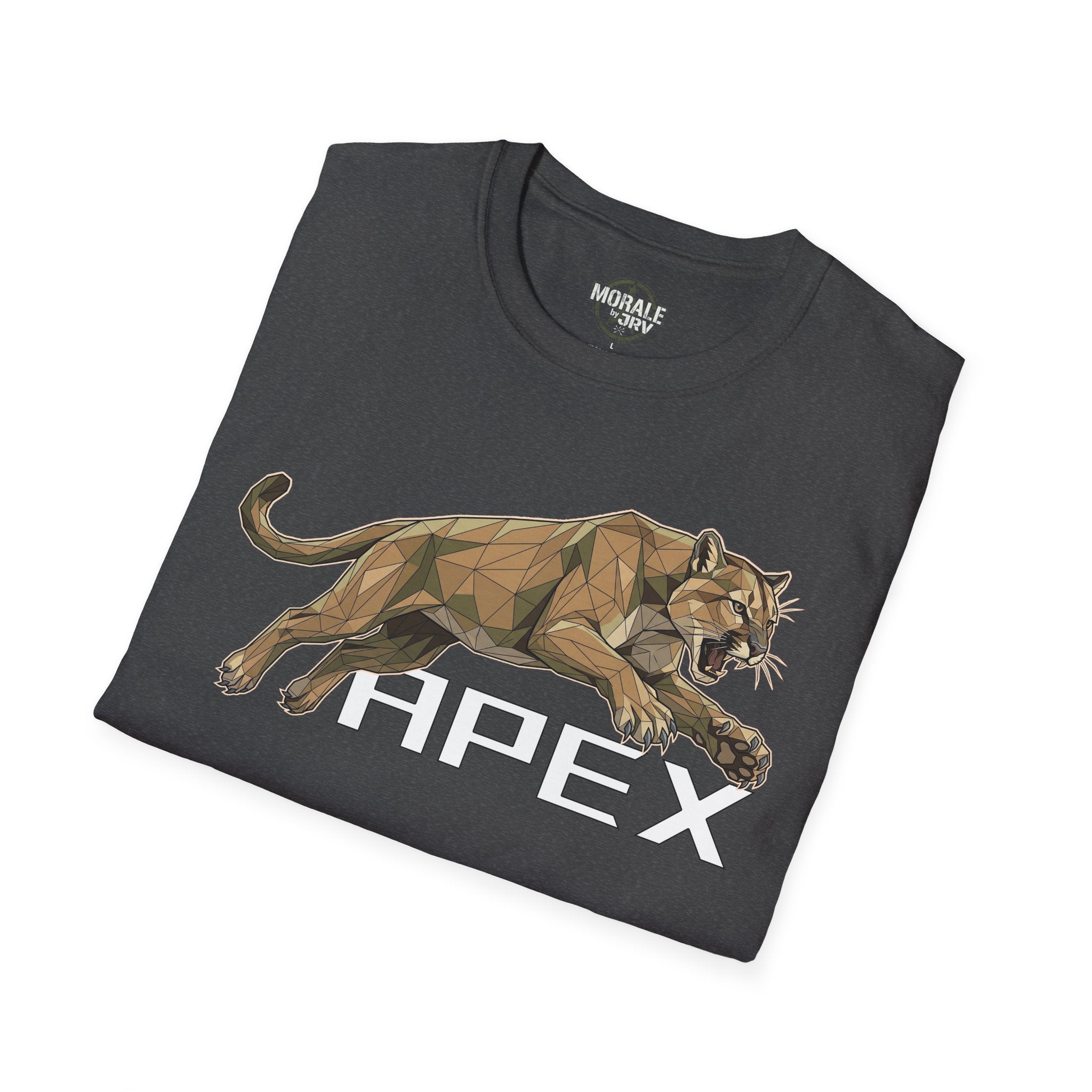 Leaping Cougar graphic tee, charcoal, geometric cougar with “HPEX”