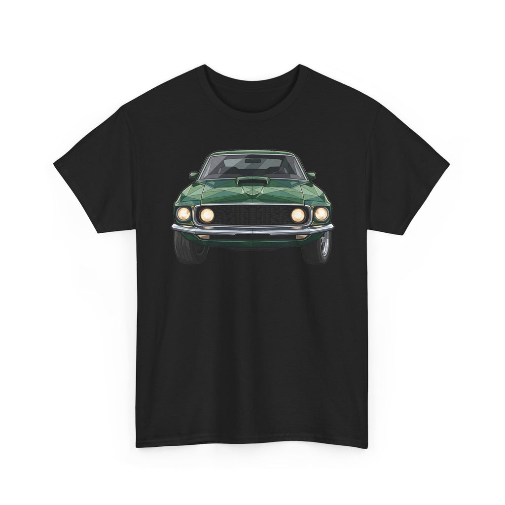 Black crew-neck t-shirt with vintage green muscle car front illustration