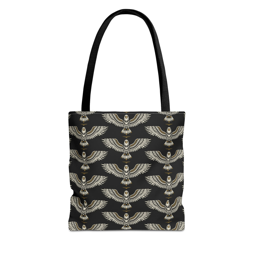 Tote bag with black fabric and repeating gold winged scarab pattern, black handles