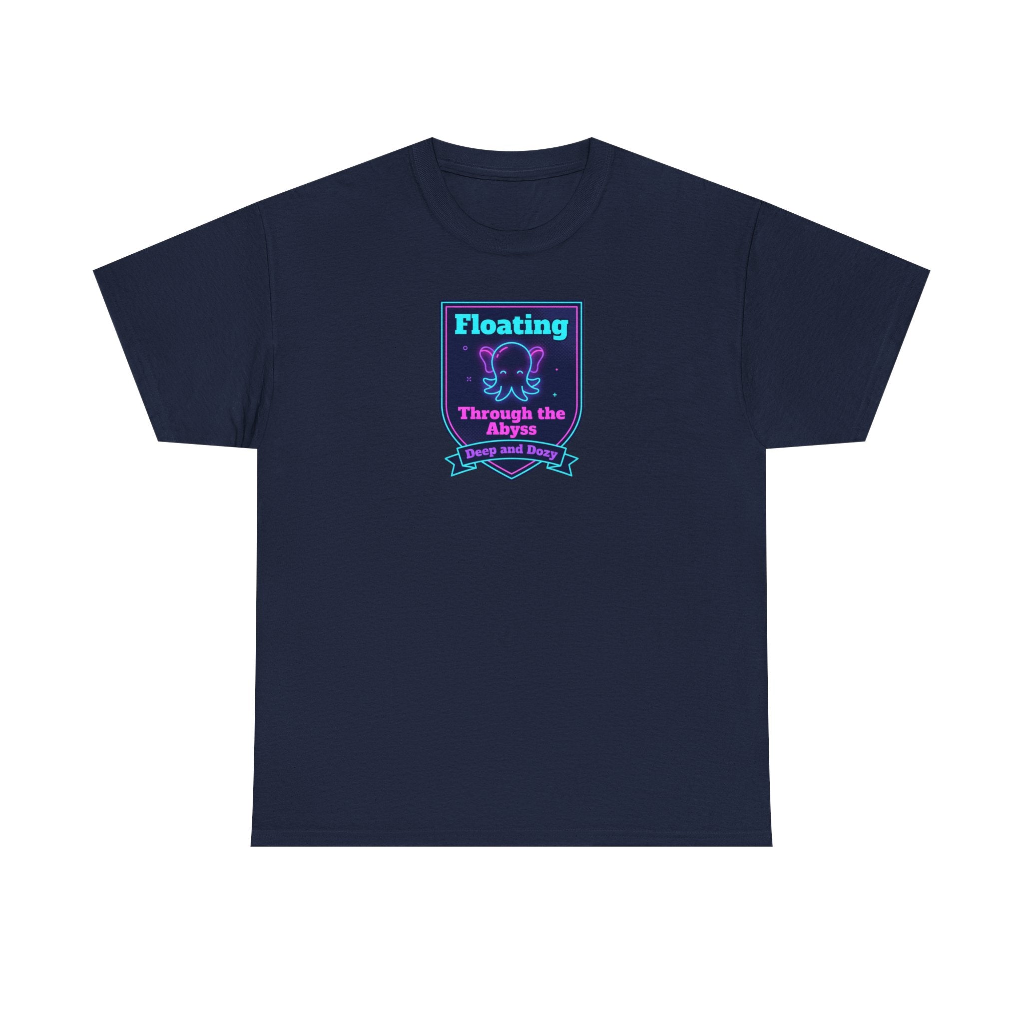 Navy crewneck T-shirt with centered neon octopus graphic patch