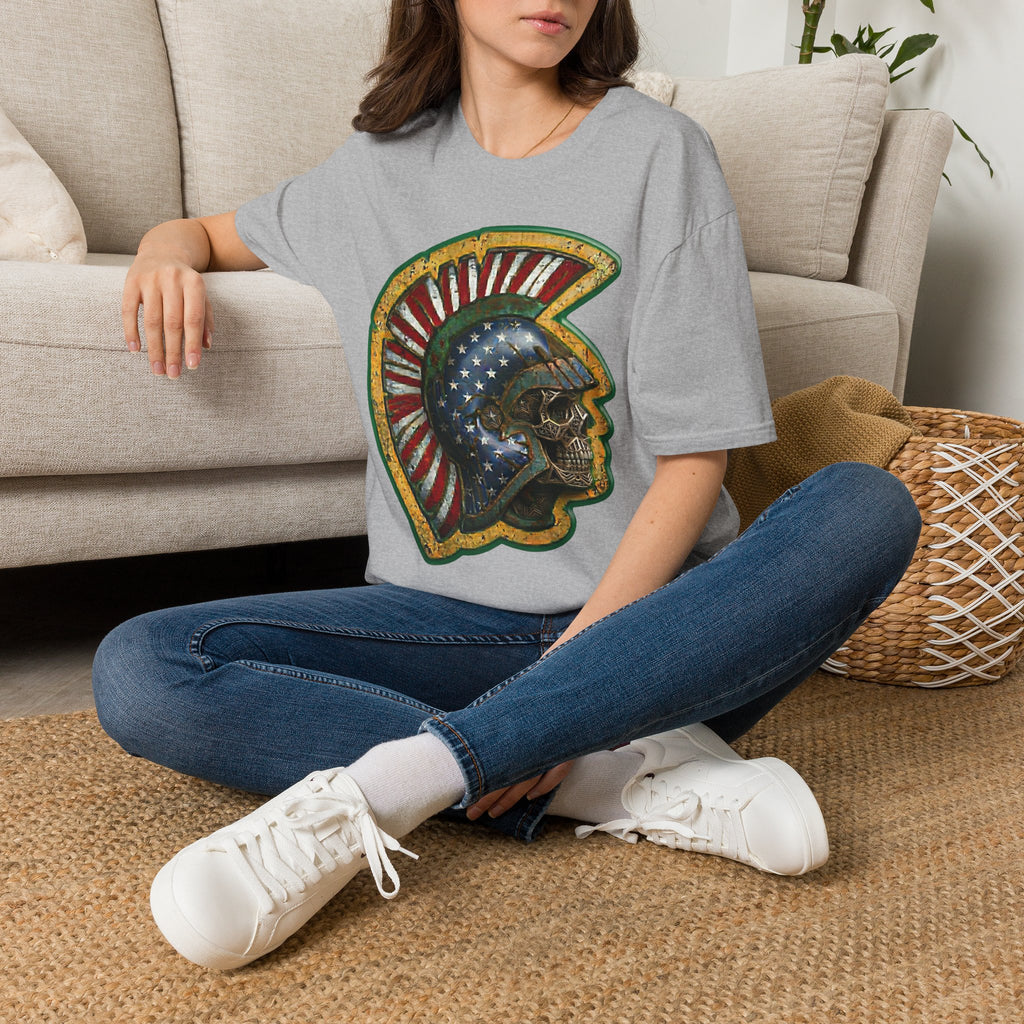 Sport grey crew-neck T-shirt with colorful helmet skull graphic on chest