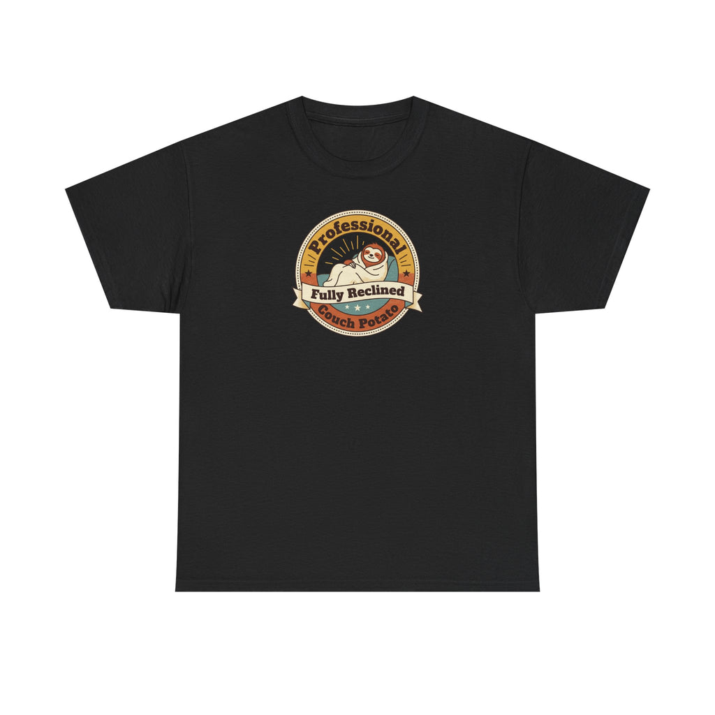 Black T-shirt with circular sloth logo graphic on chest.