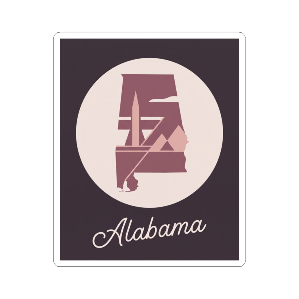 Alabama mauve silhouette decal with 'Alabama' cursive text on dark square, cream logo circle