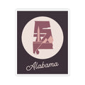 Alabama mauve silhouette decal with 'Alabama' cursive text on dark square, cream logo circle