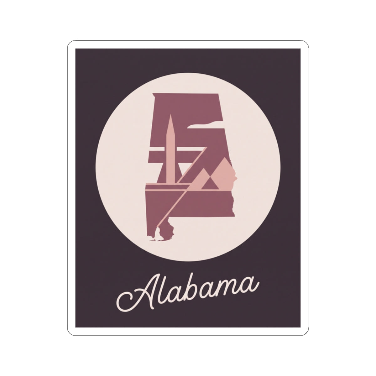 Alabama mauve silhouette decal with 'Alabama' cursive text on dark square, cream logo circle