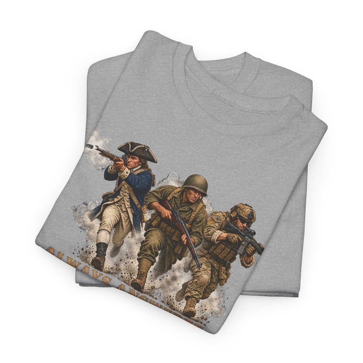 Heather gray crew-neck t-shirt with patriotic soldiers graphic on front