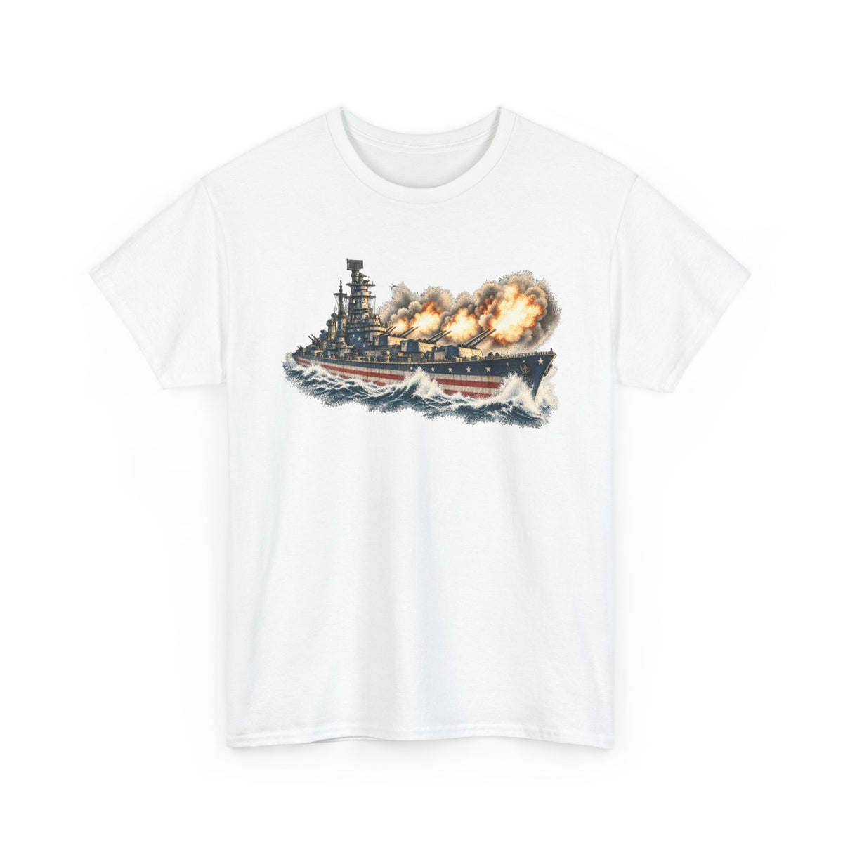 White crew-neck T-shirt with battleship broadside graphic and sea spray on front