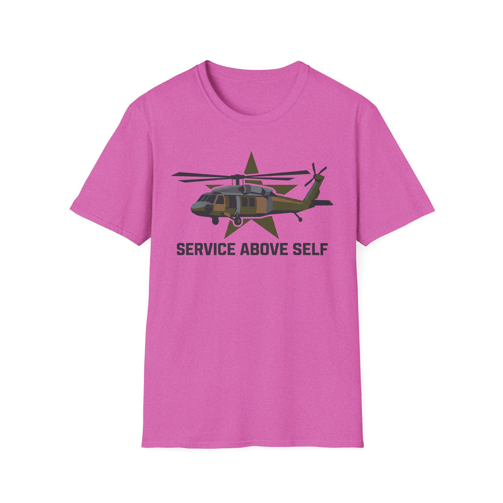 Purple crewneck t-shirt with camo helicopter graphic and 'Service Above Self' text
