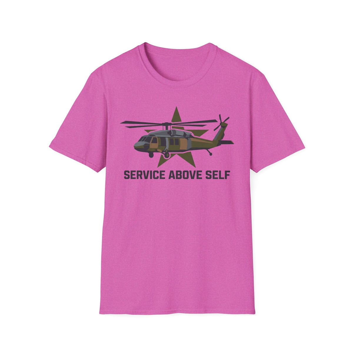 Purple crewneck t-shirt with camo helicopter graphic and 'Service Above Self' text