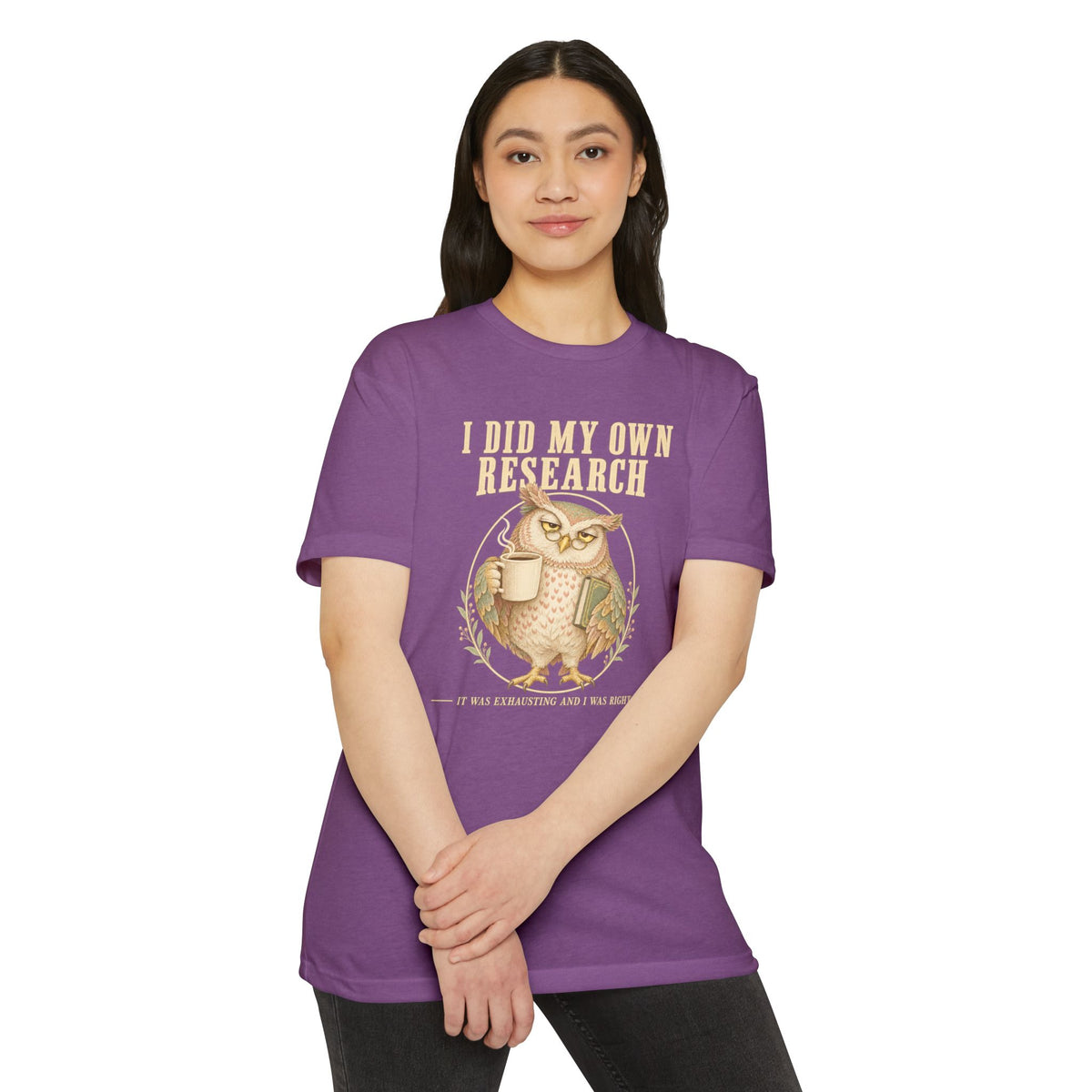 Purple crew-neck T-shirt with owl graphic and “I did my own research” text