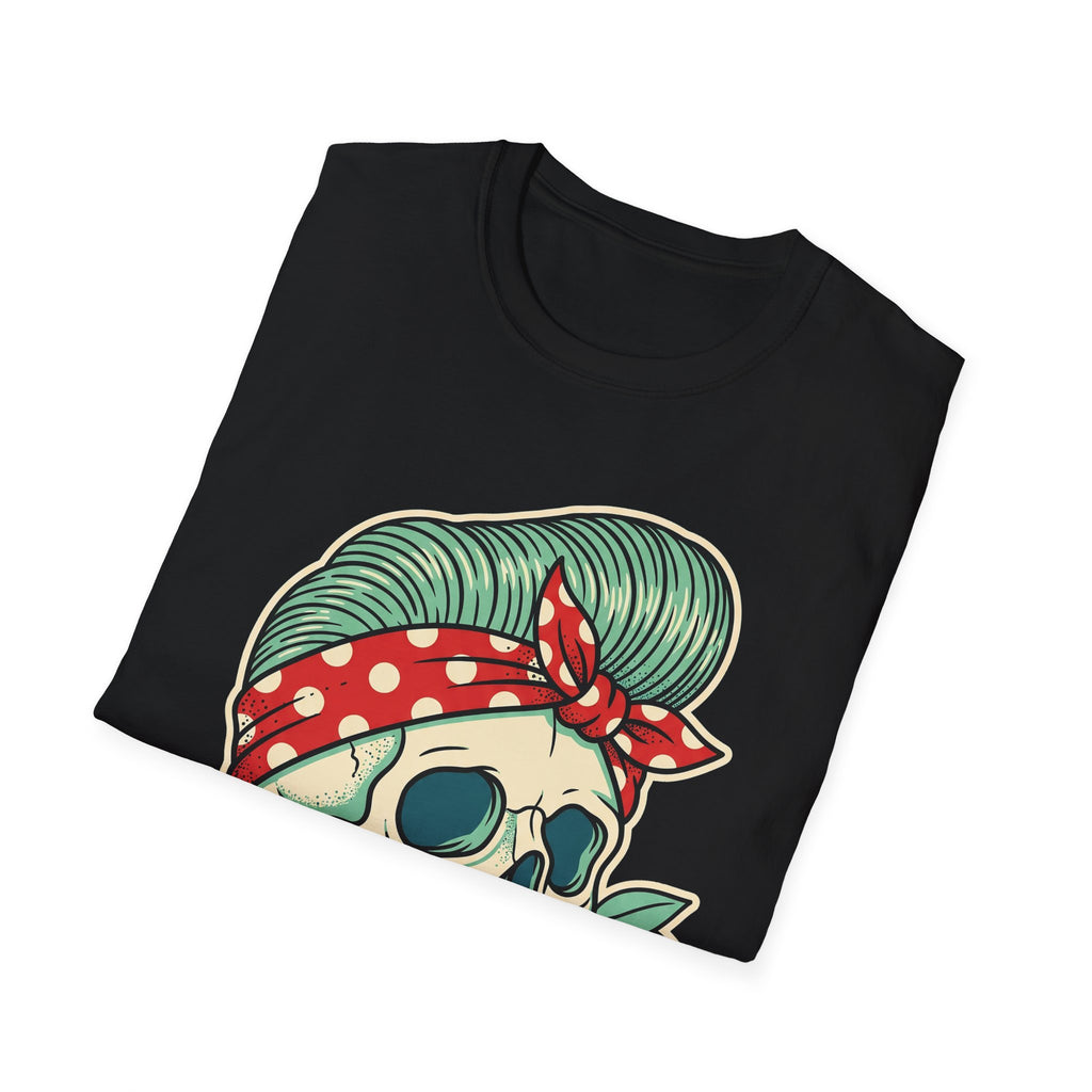 Black T-shirt with sugar skull face graphic, green striped hair and red bandana