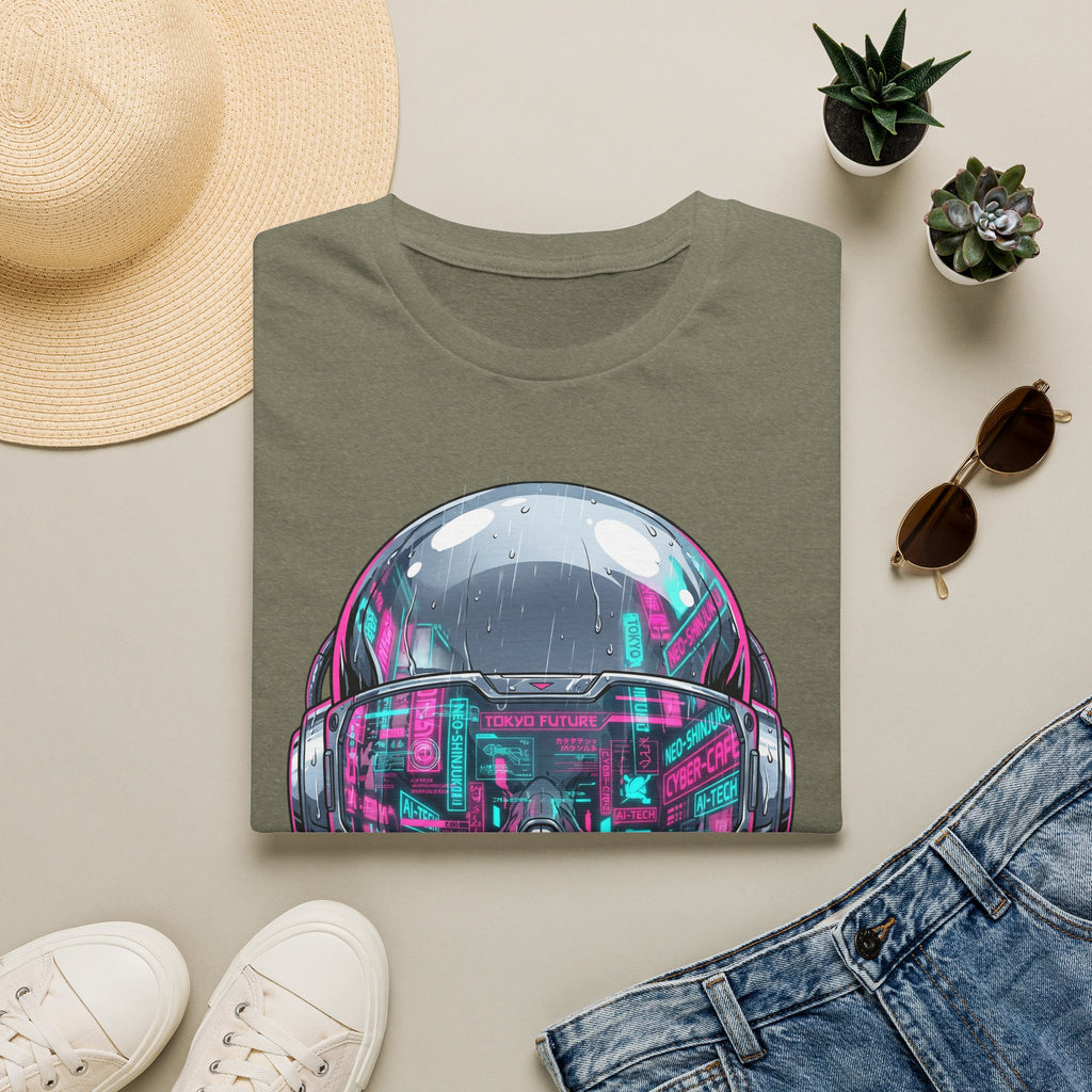 Olive green t-shirt with neon cyber skull visor graphic on the front