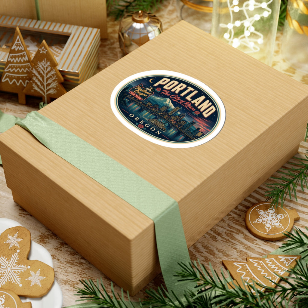 Round Portland Oregon luggage tag sticker on a wrapped gift box, centered seal design