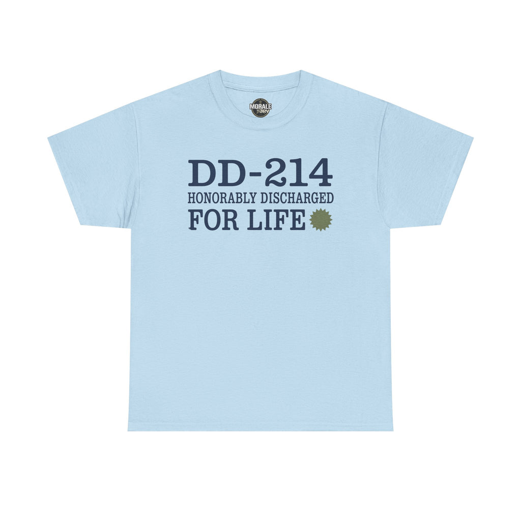 Light blue T-shirt with DD-214 Honorable Discharged For Life front print