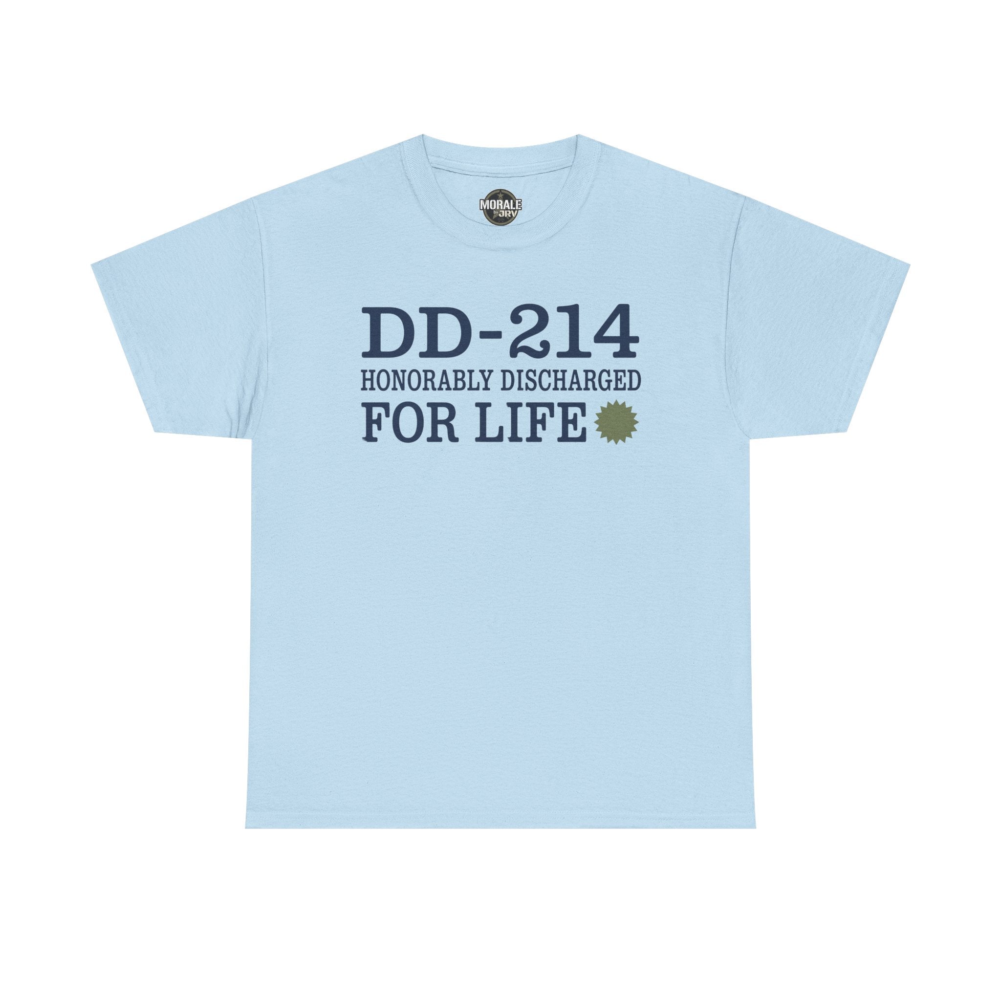 Light blue T-shirt with DD-214 Honorable Discharged For Life front print