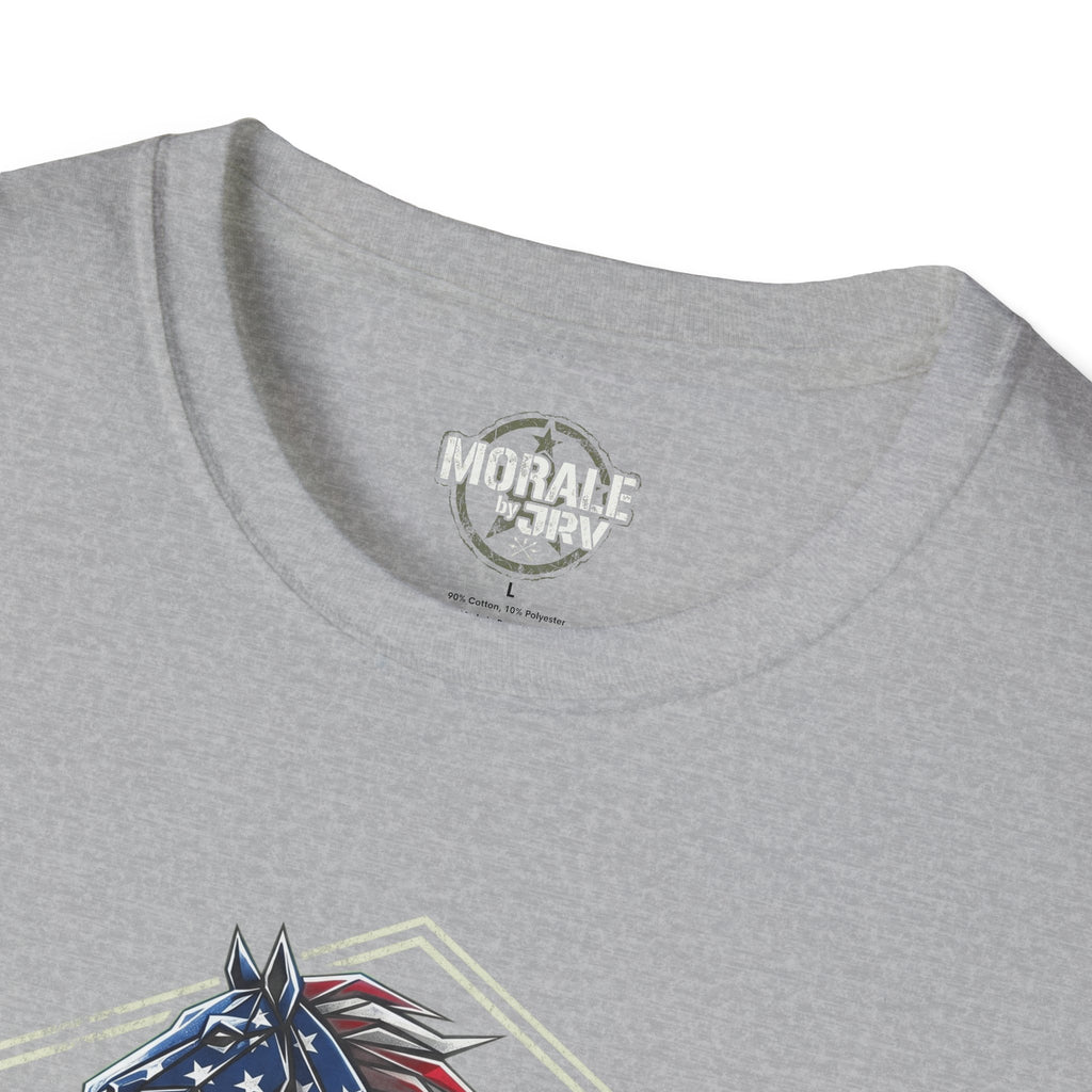 Heather gray T-shirt neck logo and top of patriotic horse graphic