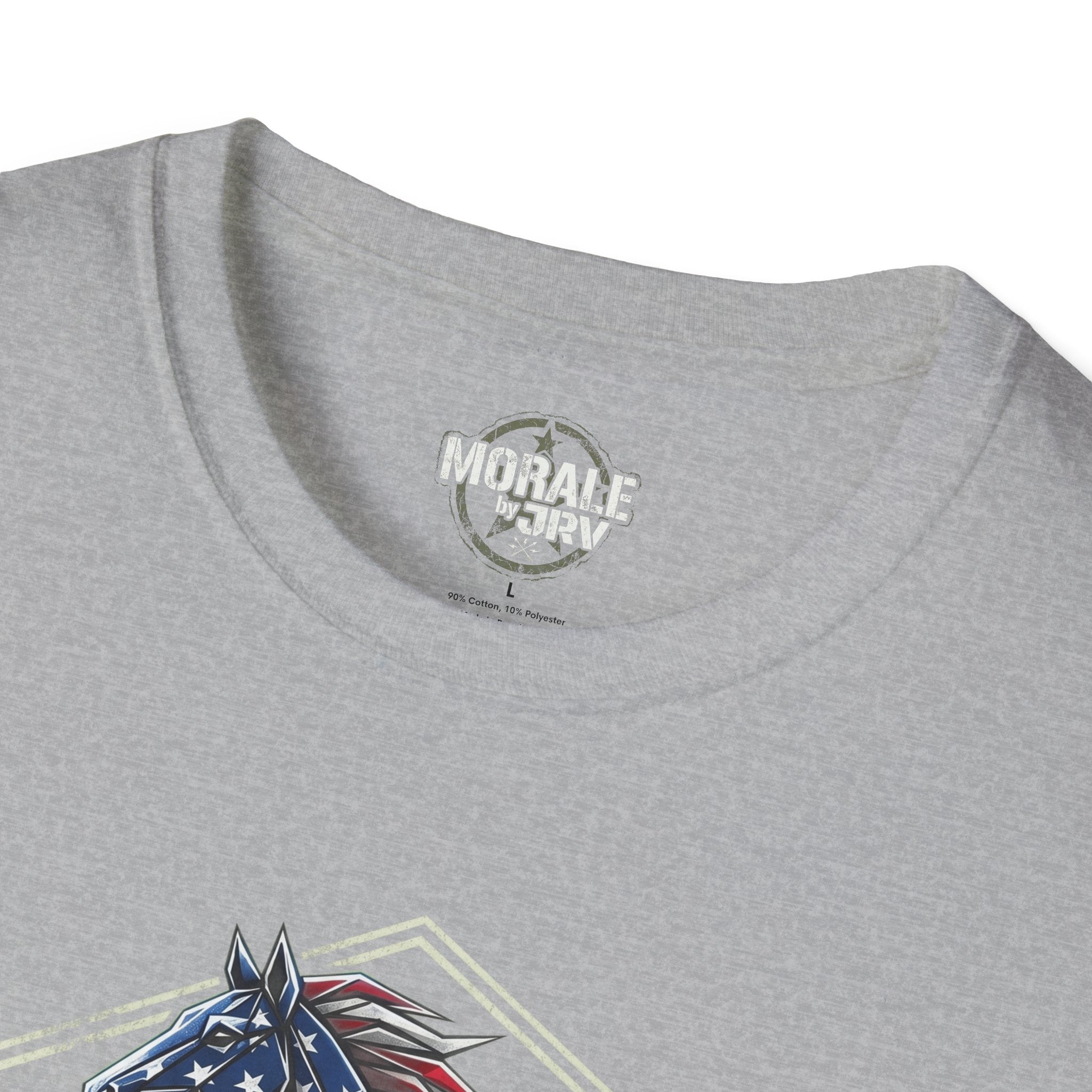 Heather gray T-shirt neck logo and top of patriotic horse graphic