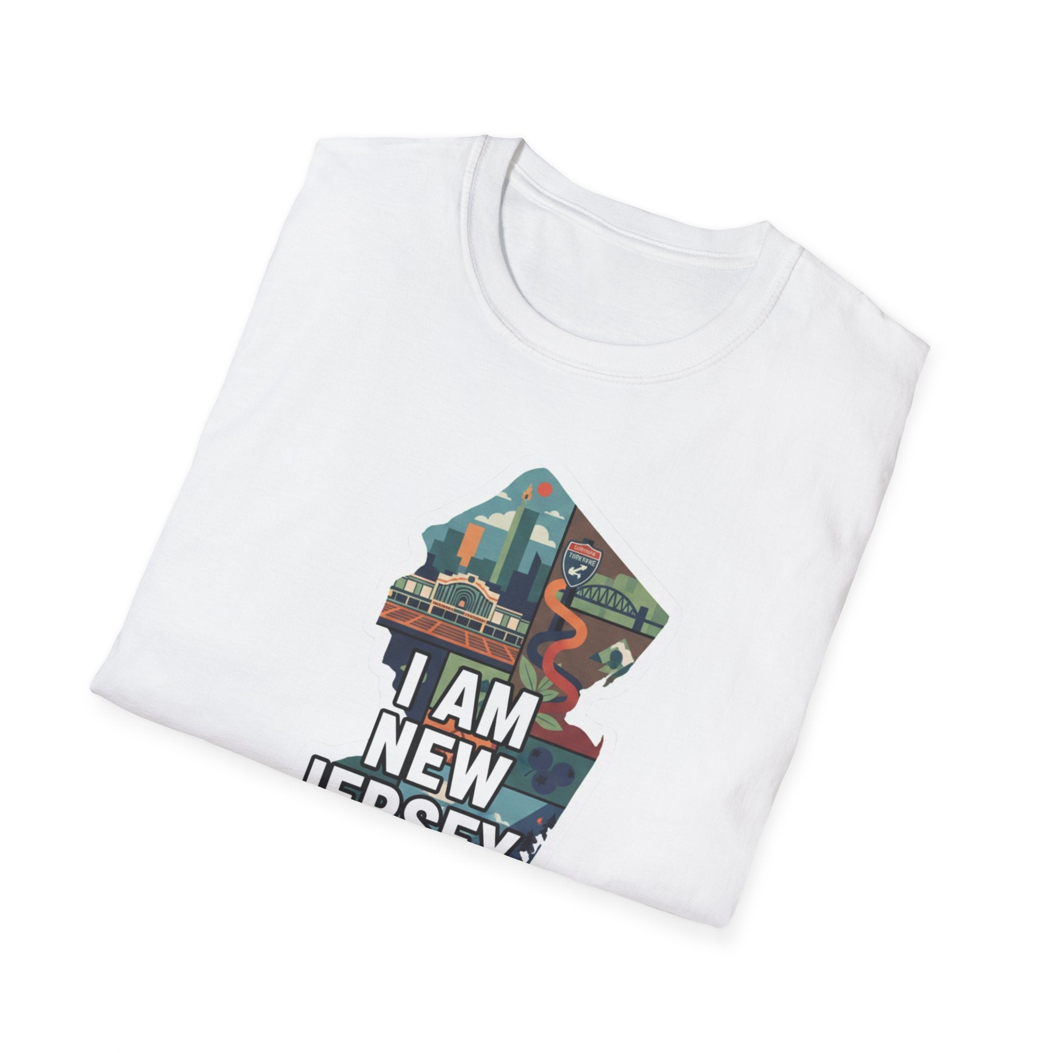 White New Jersey map graphic T-shirt with multicolor "I AM NEW JERSEY" front print