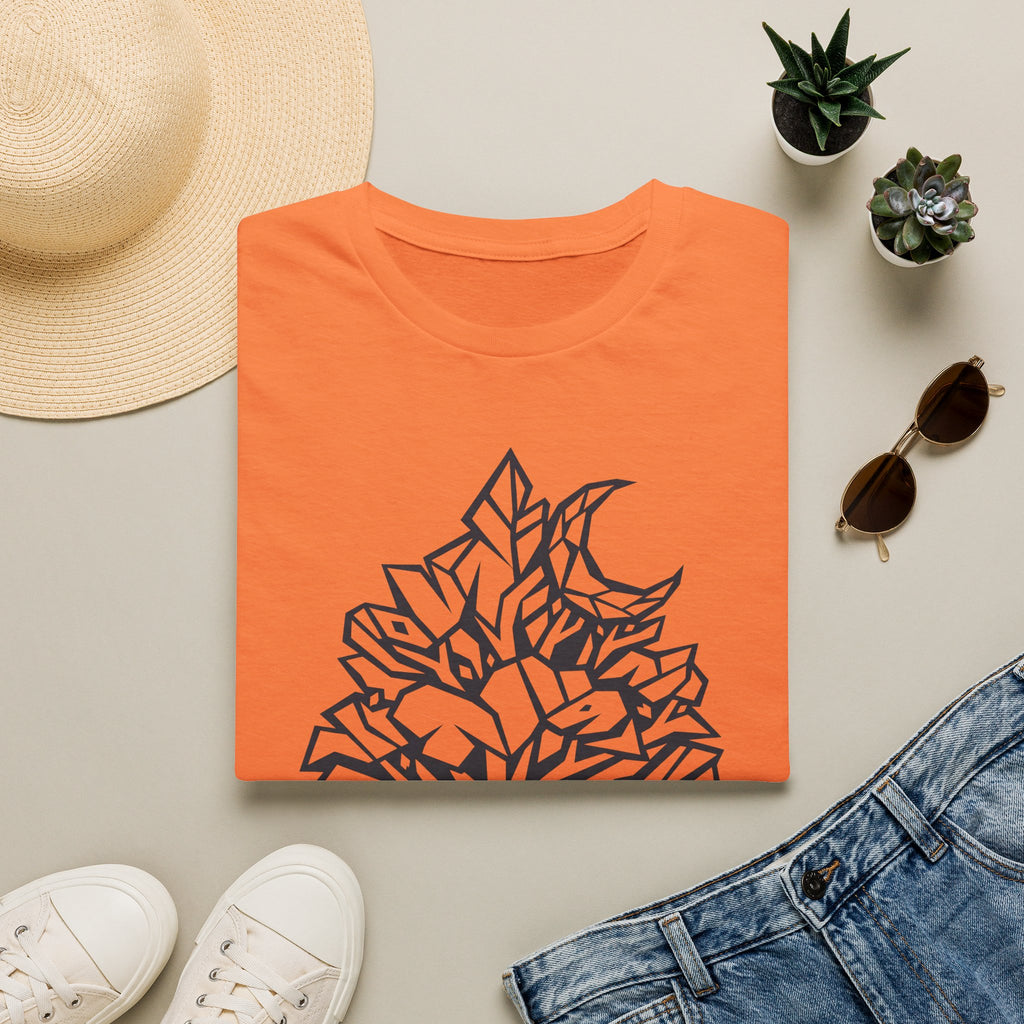 Orange crewneck t-shirt with geometric tree and moon graphic printed on front