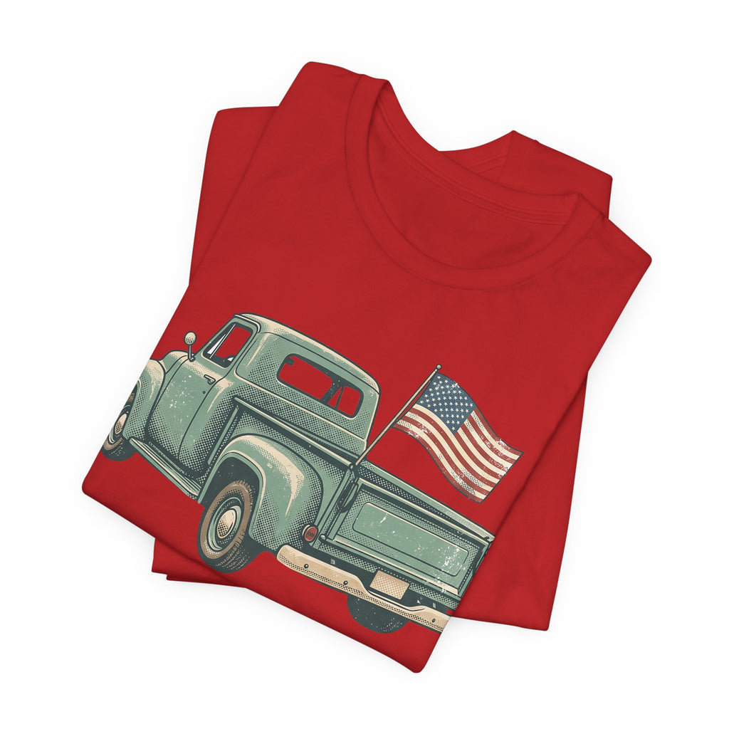 Red T-shirt with vintage green pickup truck and American flag graphic