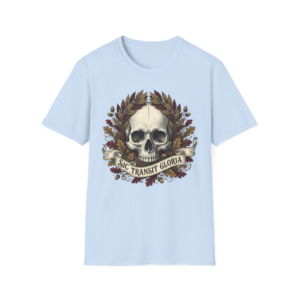 Light blue T-shirt with skull wreath and ribbon graphic, short sleeves