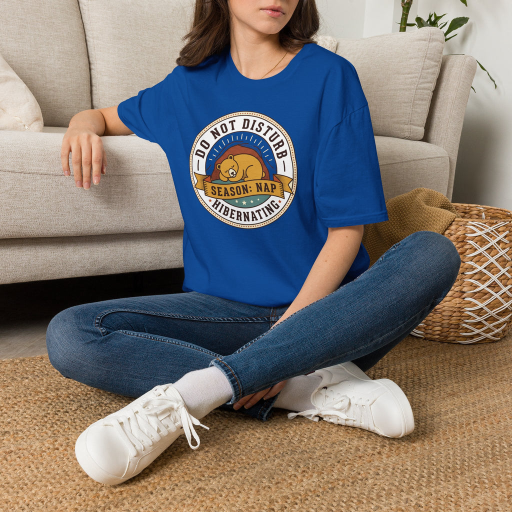 Royal blue nap T-shirt with circular bear sleep graphic, worn by model