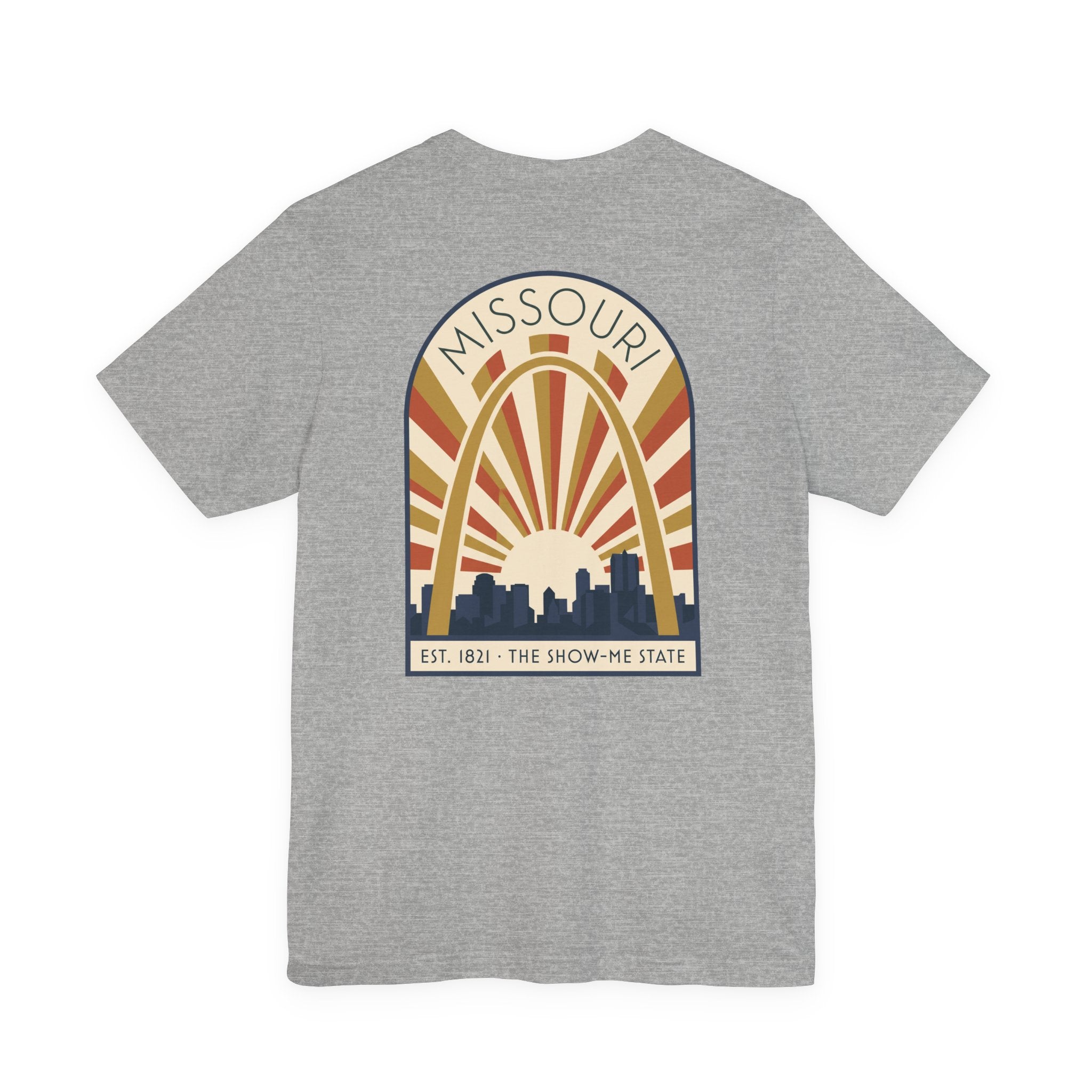 Heather grey Missouri sunrise art deco T-shirt with arch skyline graphic and “MISSOURI” text.