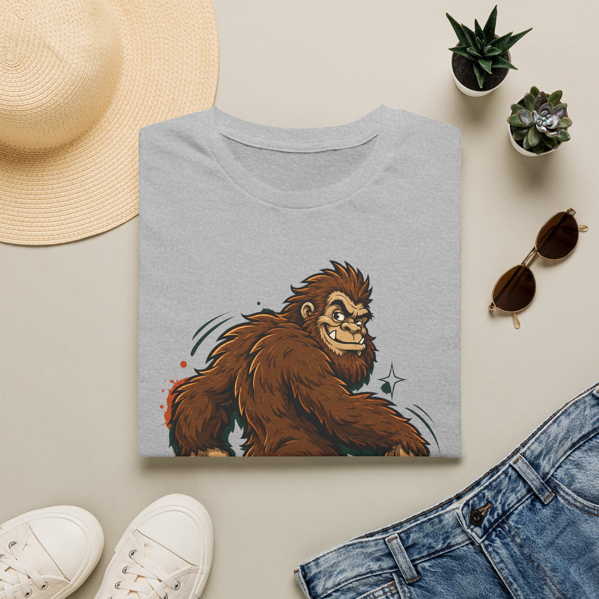 Light gray crewneck T-shirt with brown smirking sasquatch graphic and star accents