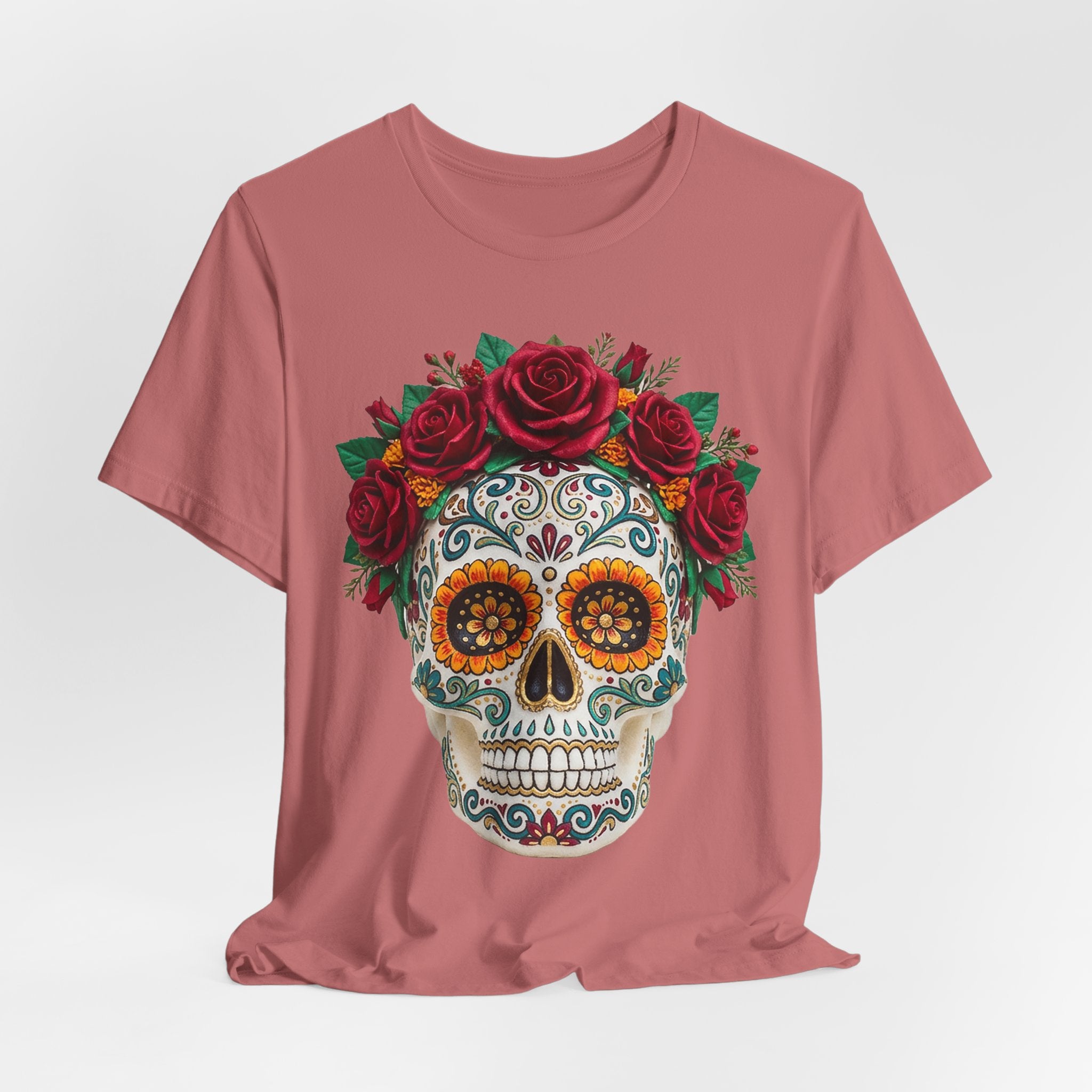 Sugar skull T-shirt with red rose crown, full front on mauve shirt