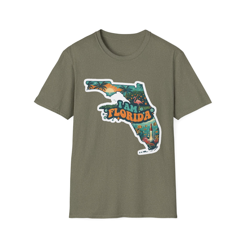 Olive green T-shirt with “Florida” tropical sunset map graphic on the front