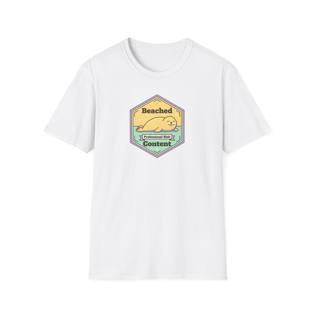 White seal badge graphic T-shirt with 'Beached Content' text