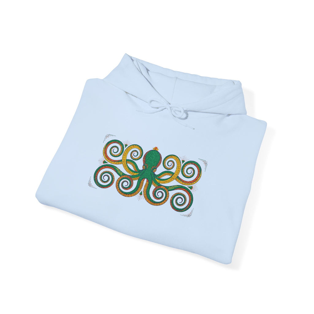 Light blue pullover hoodie with octopus spiral graphic on front