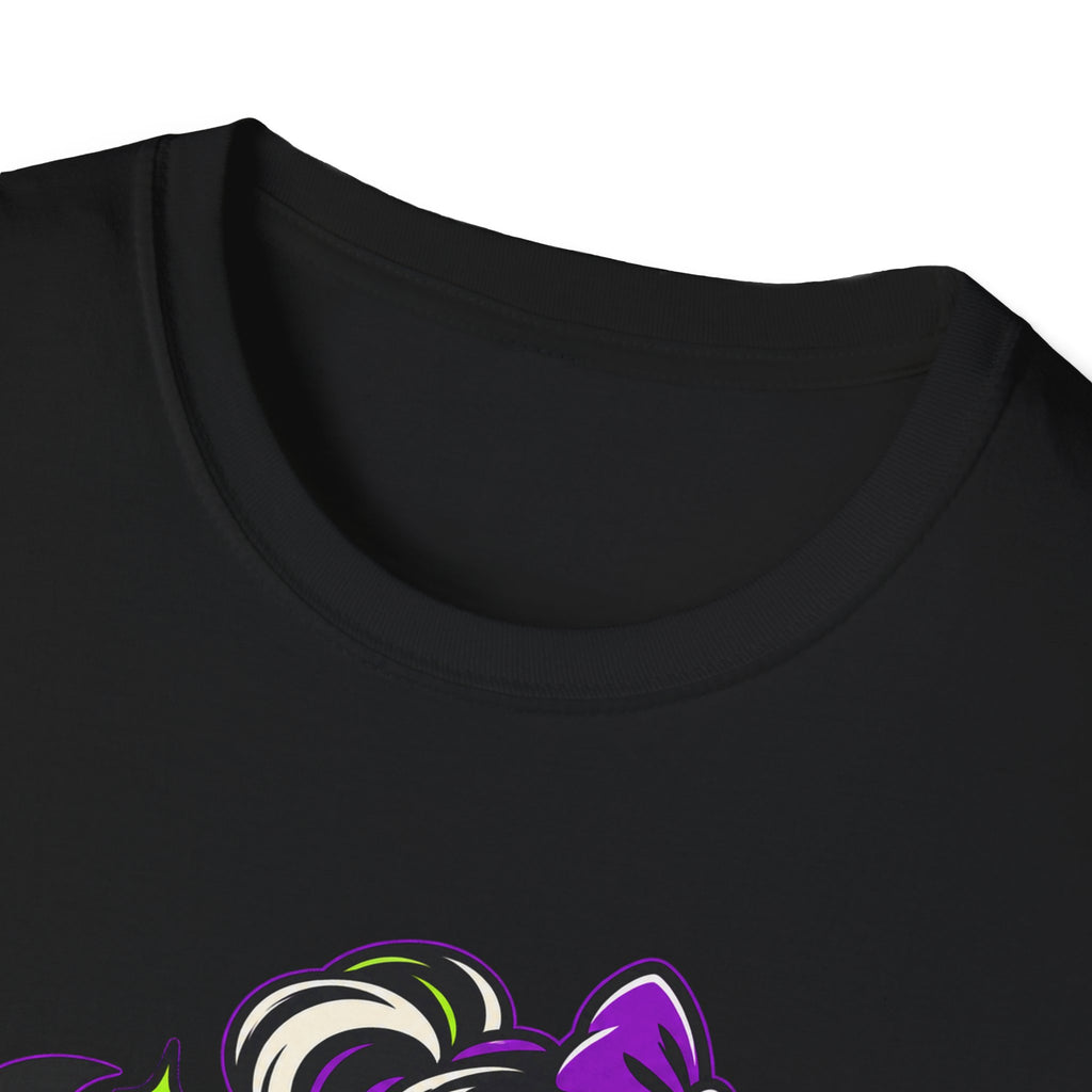 Black Halloween monster graphic T-shirt close-up of crew neck and top of Ghoul artwork