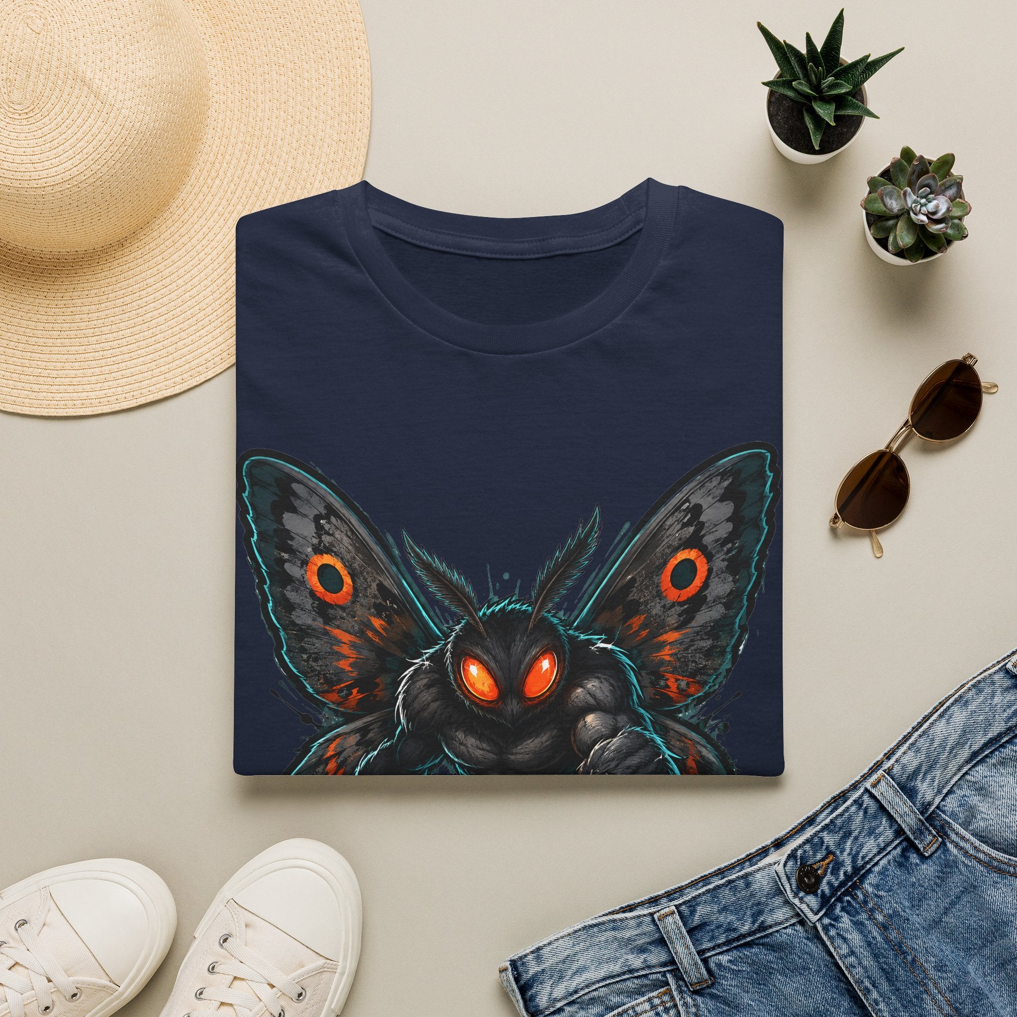 Navy graphic monster moth t-shirt with glowing red eyes and spread wings