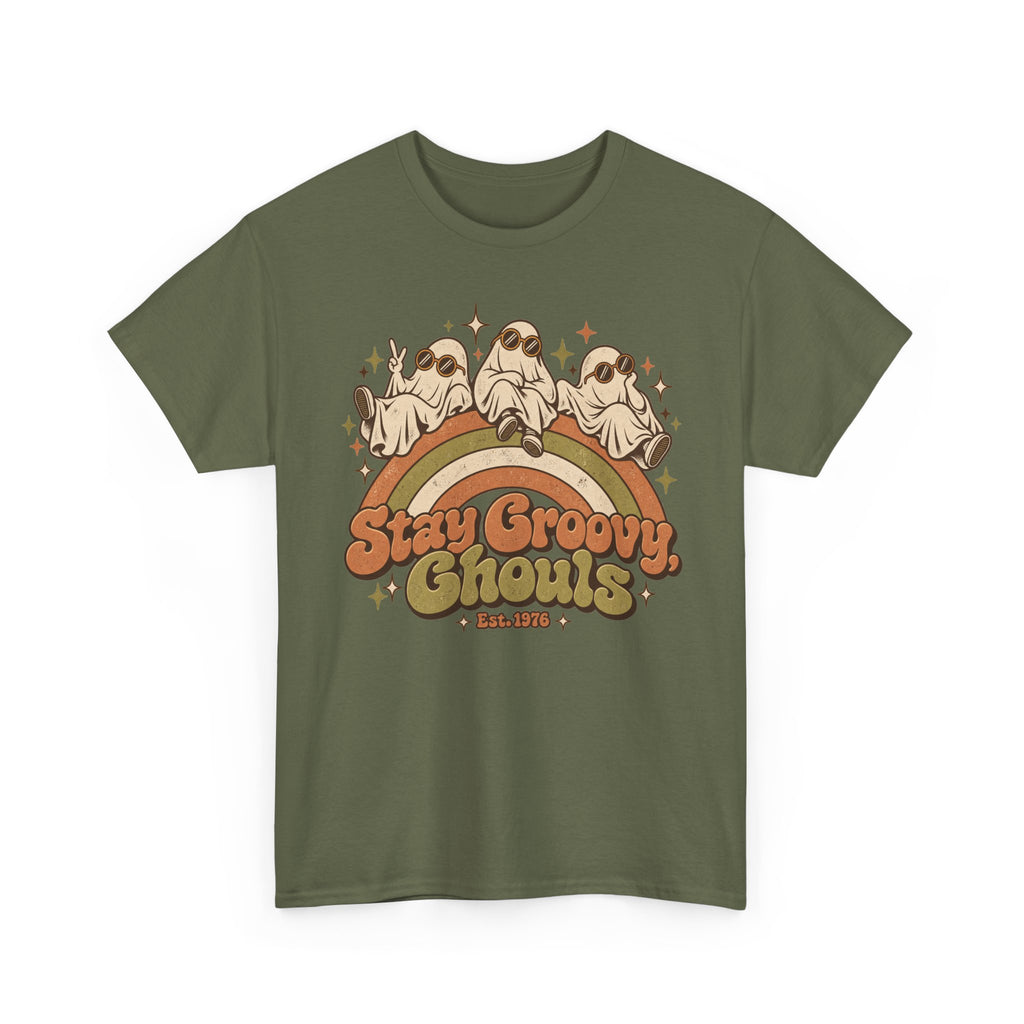 Stay Groovy Ghouls T-Shirt, Retro Rainbow Ghosts in Sunglasses Halloween Shirt for Women and Men, Cute 70s Spooky Tee