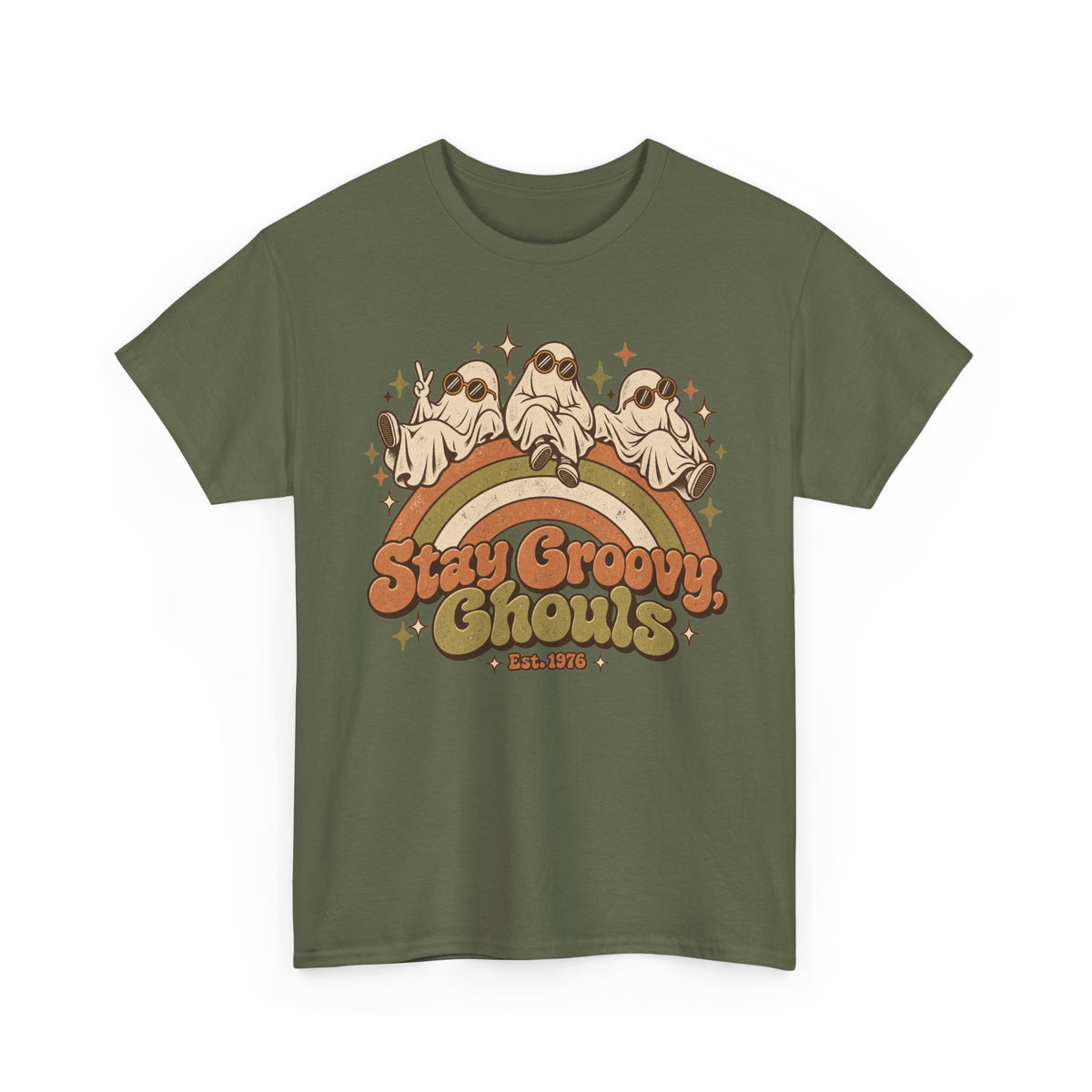 Stay Groovy Ghouls T-Shirt, Retro Rainbow Ghosts in Sunglasses Halloween Shirt for Women and Men, Cute 70s Spooky Tee