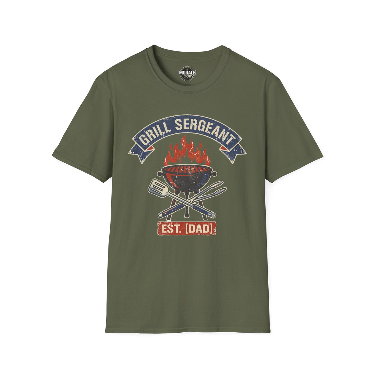 Military green T-shirt front view with “Grill Sergeant” BBQ flames and utensil emblem