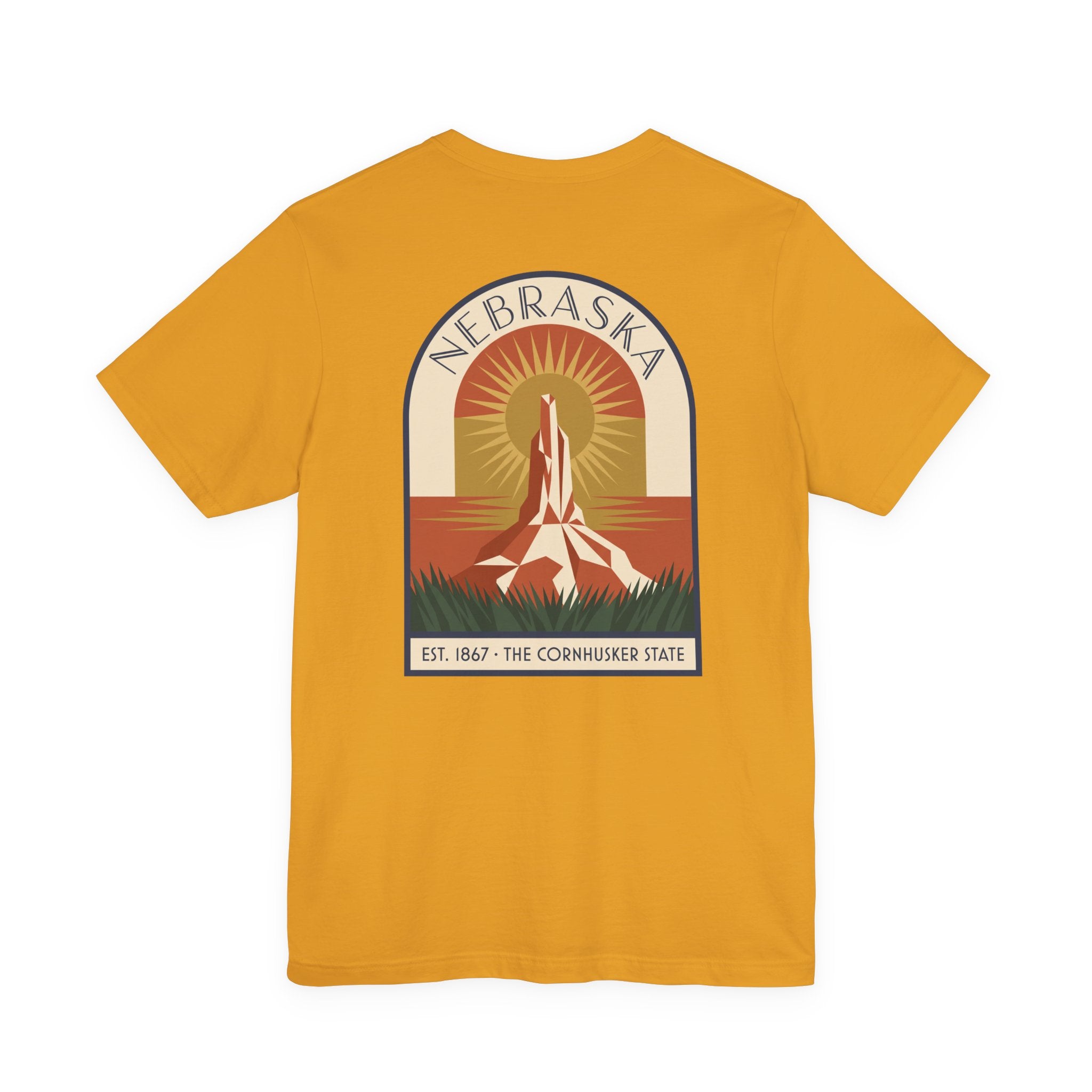 Nebraska art deco T-shirt, mustard with Cornhusker sunrise graphic