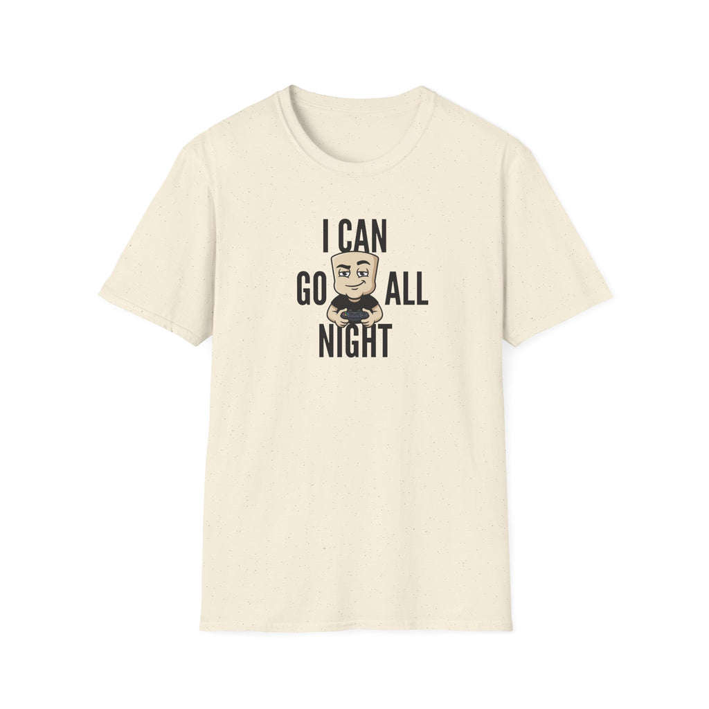 Cream graphic T-shirt with "I CAN GO ALL NIGHT" controller character print.