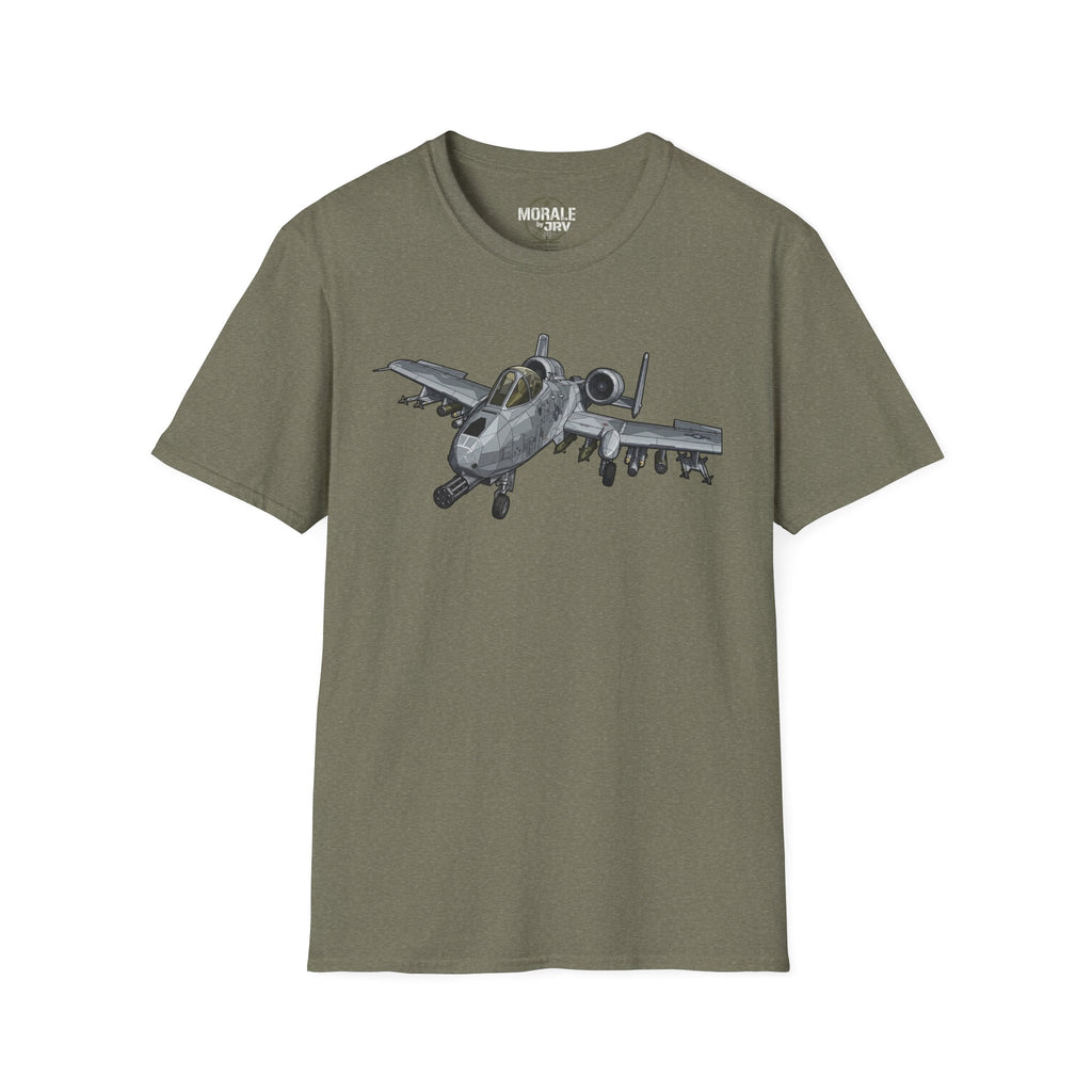 Heather military green crewneck t-shirt with gray A-10 jet graphic across the chest