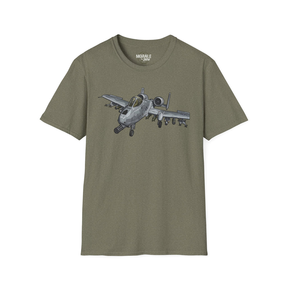 Heather military green crewneck t-shirt with gray A-10 jet graphic across the chest