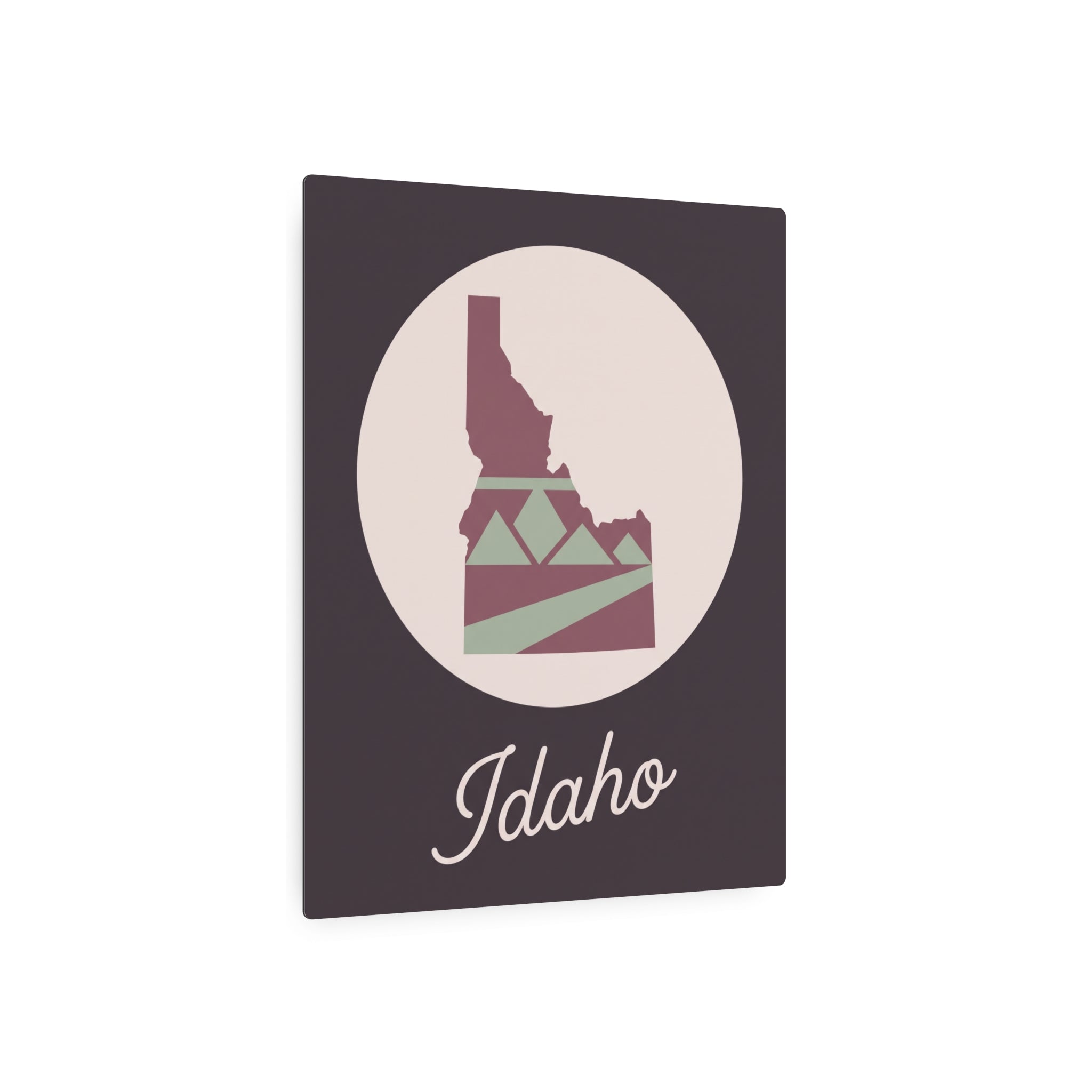 Mauve and sage Idaho State silhouette metal wall art with Idaho script